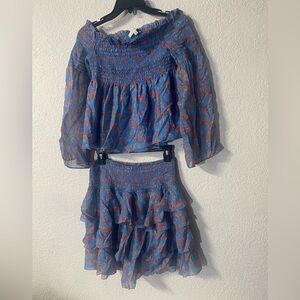 INTERMIX 100% Silk Cottage core Floraloff the shoulder top and ruffle skirt set